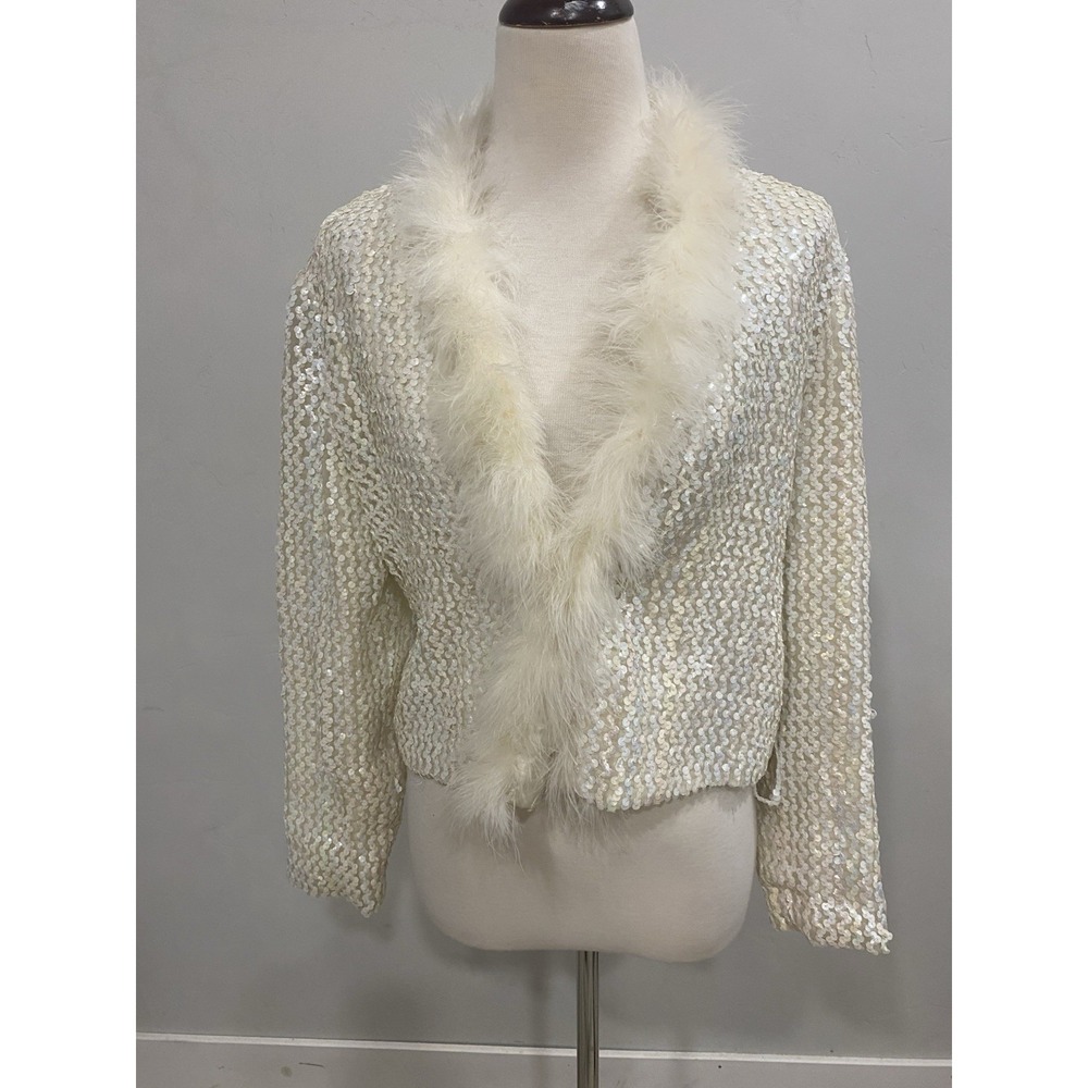 VTG 60's Three Flags  White Sequinned W/ Feathers Light Coat Jacket S/M